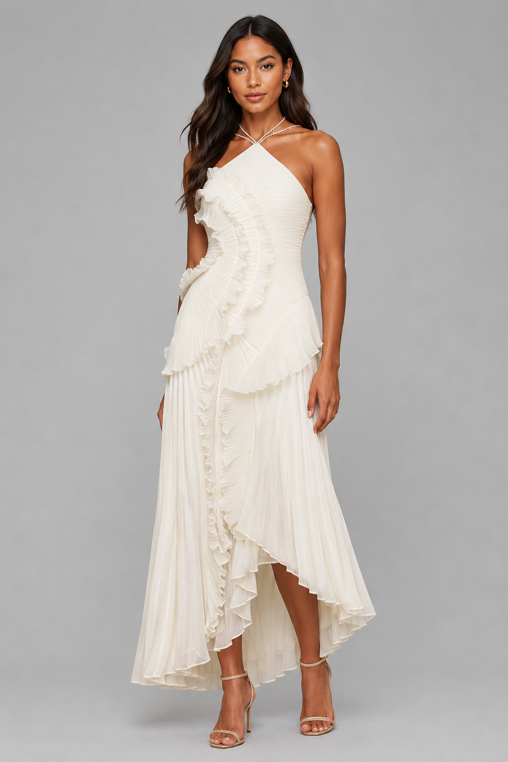 Celeste | Pleated Ruffle Halter Maxi Dress