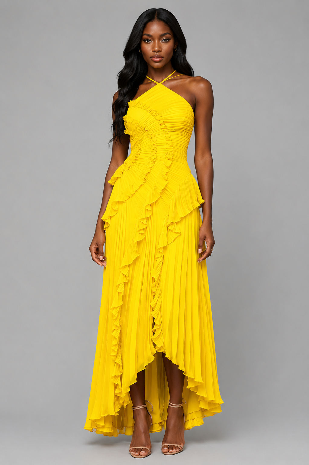 Celeste | Pleated Ruffle Halter Maxi Dress