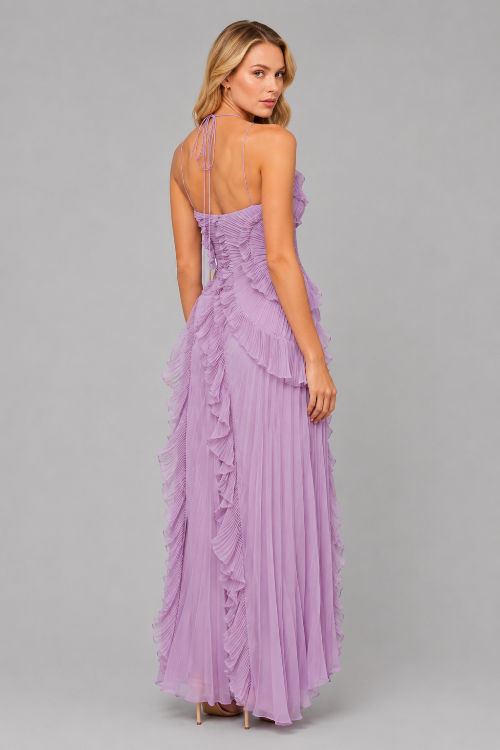 Celeste | Pleated Ruffle Halter Maxi Dress