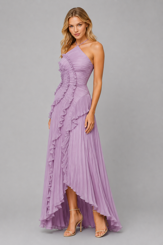 Celeste | Pleated Ruffle Halter Maxi Dress